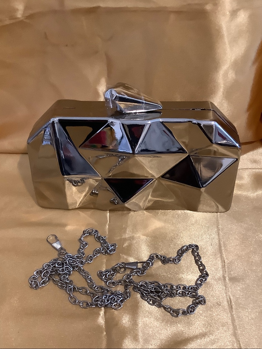 Silver Geometric Metal Clutch Bag with Chain Strap